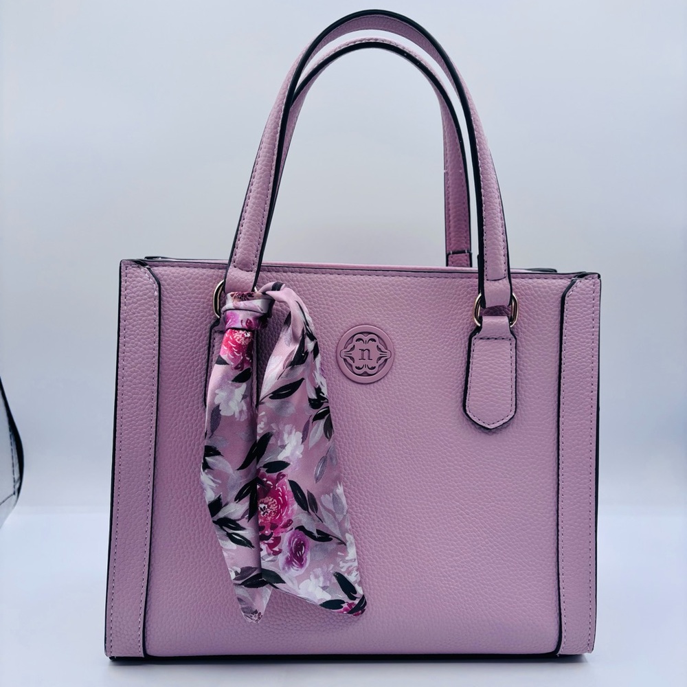 Nanette Lepore Pink Pebbled Satchel Top Double Handles w/ Scarf Accent Handbag